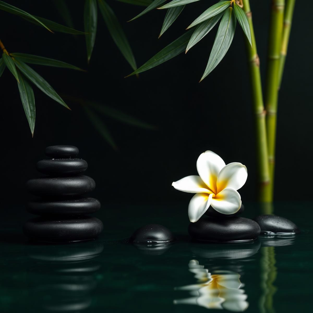 Zen stones, bamboo and frangipani flower in still water
